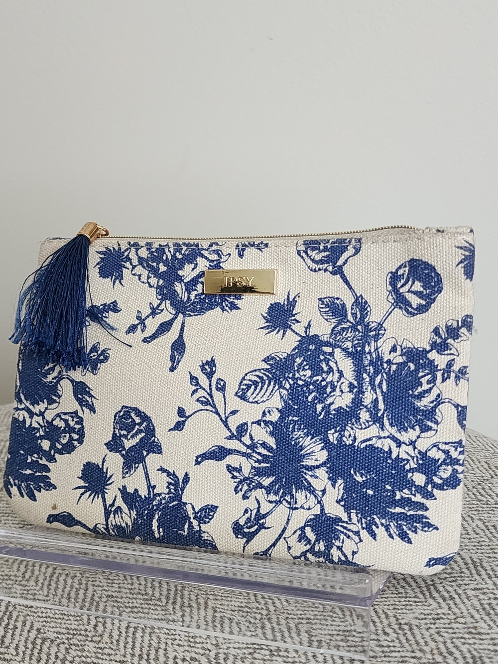 Ipsy Blue Floral Canvas Zip Pouch with Tassel